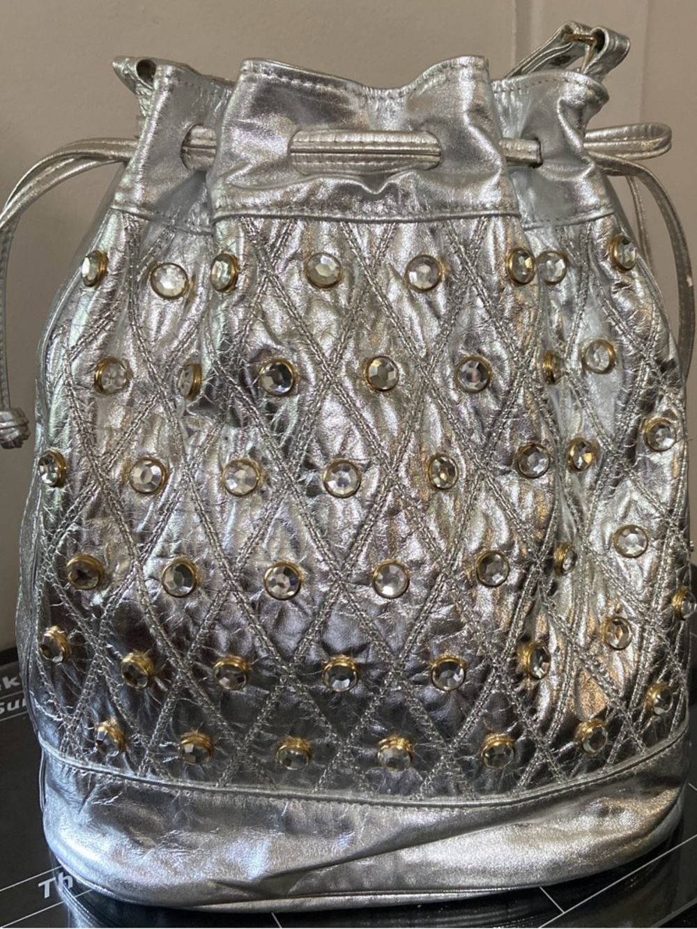 Silver Quilted Studded Drawstring Shoulder Bag